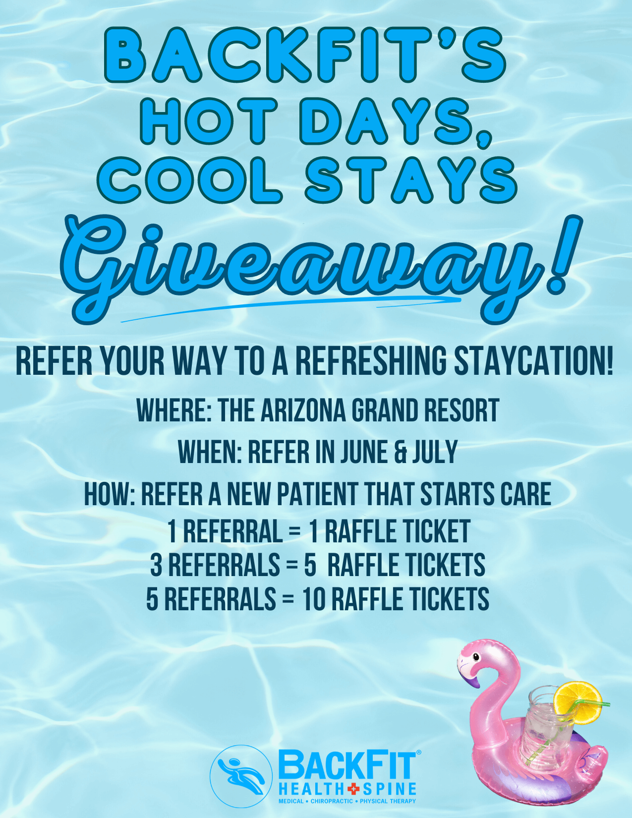 flyer with water and flamingo floatie for giveaway